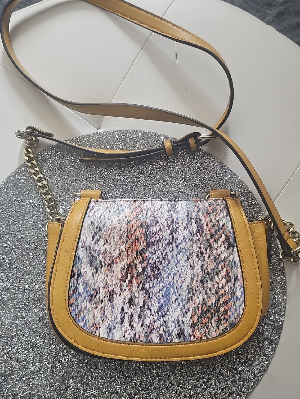 Enzo Angiolini Mustard Yellow Crossbody with Multicolor Textured Front Panel